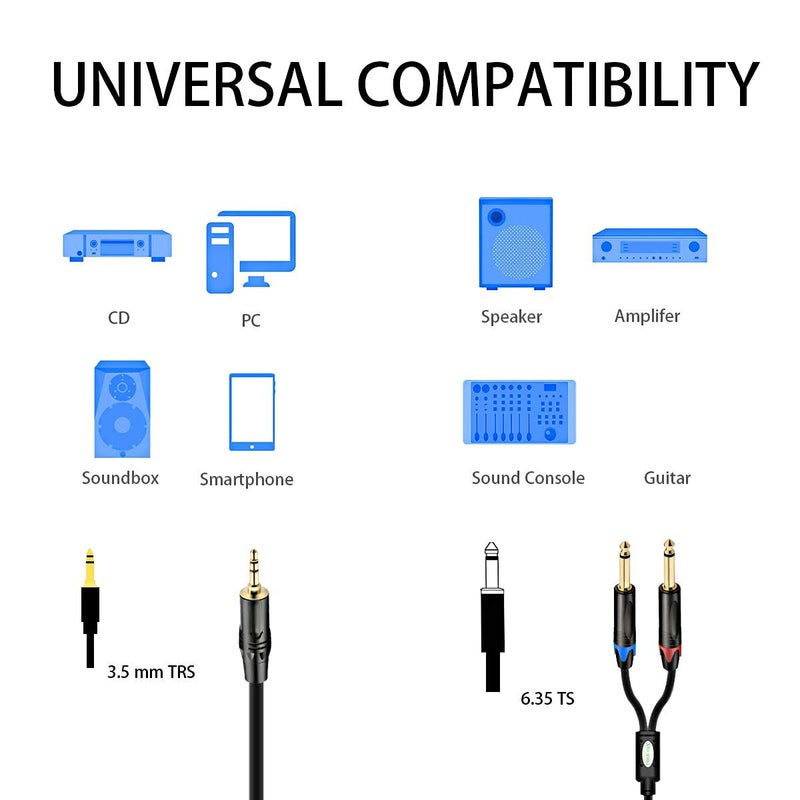 JOMLEY 1/8 to 1/4 Stereo Cable, Dual 1/4 Inch TS Mono to 1/8 Inch TRS Audio Jack Cable, 3.5mm Aux Mini Jack to Dual TS Mono Stereo Y-Cable Splitter Breakout Cord - 10ft - Image 2
